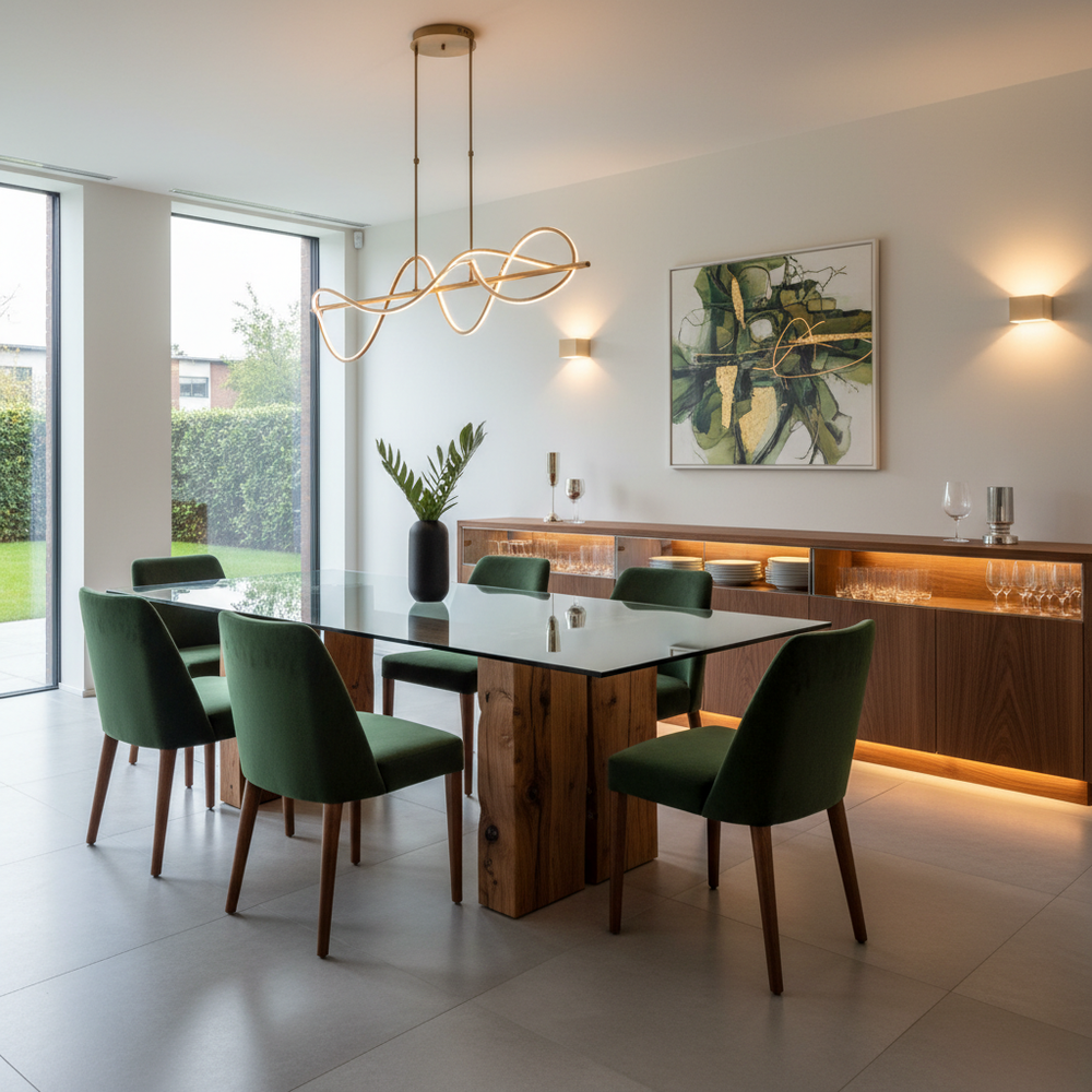 Modern Rustic 6-Seater Dining Room with Velvet Dining Chairs