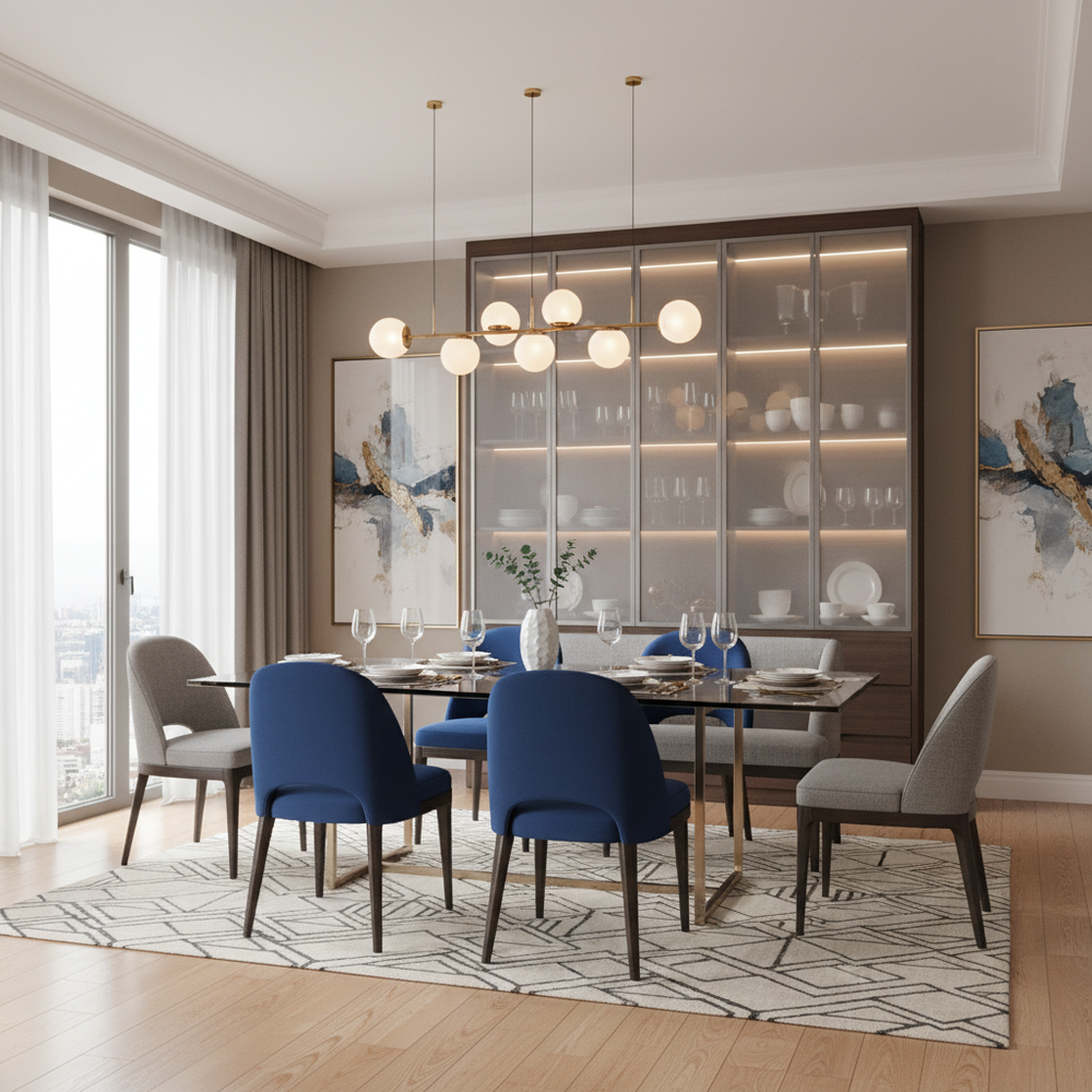 Modern 6-Seater Dining Room with Blue and Grey Interiors