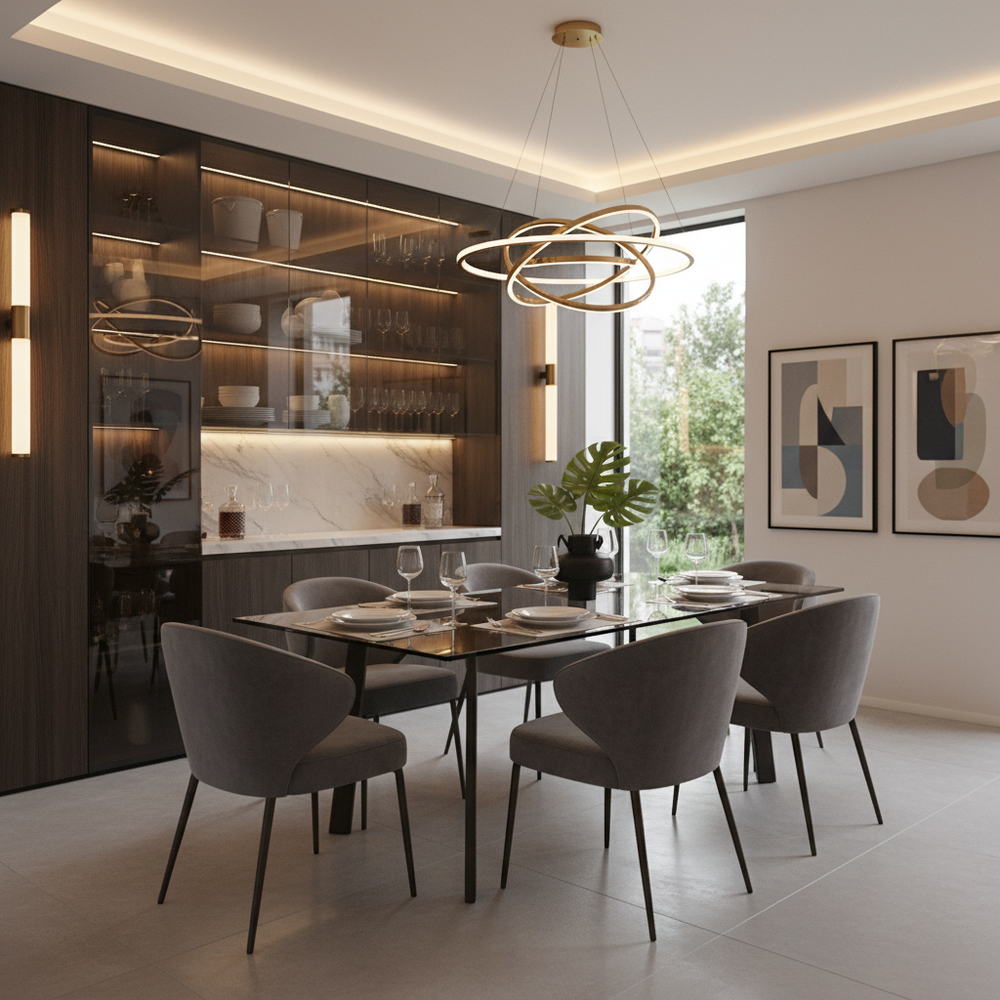 Modern 6-Seater Dining Room with Crockery Unit & Glass Top Table
