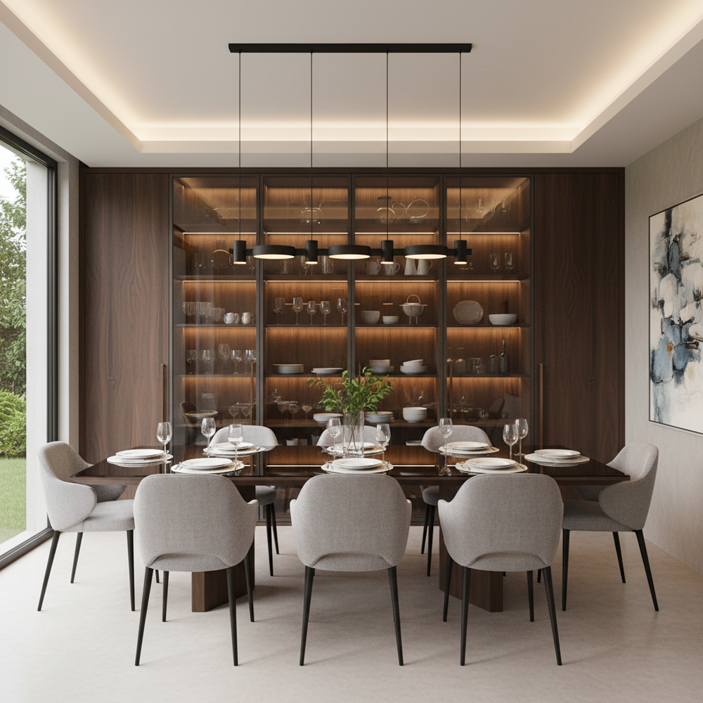 Modern Six-Seater Dining Room with Brown Cushioned Chairs