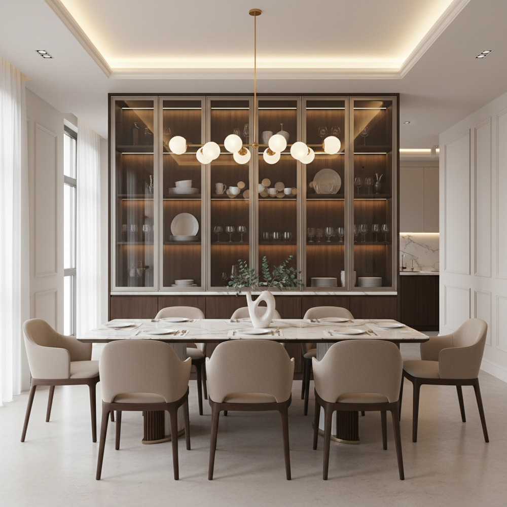 Modern 6-Seater Dining Room Featuring a Glass Top Table and Stylish Crockery Unit
