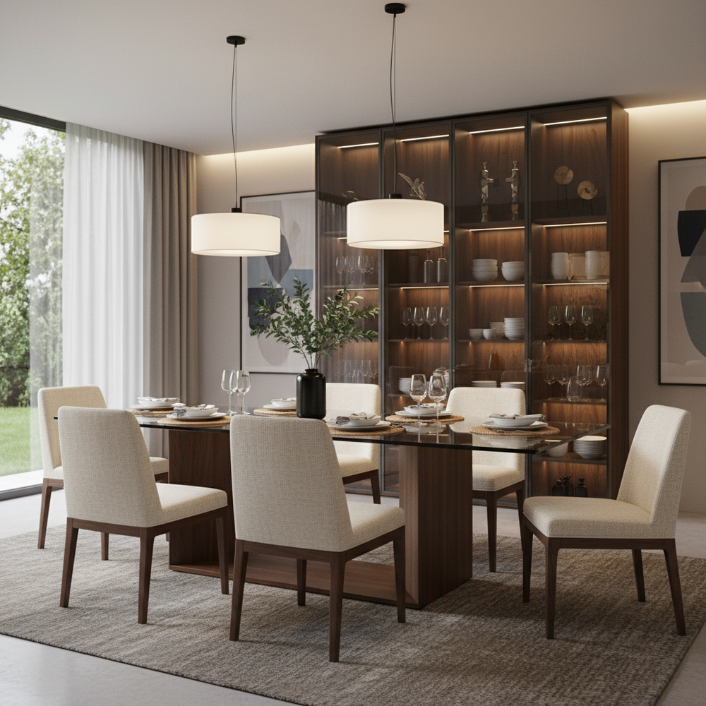 Luxury Dining Room with Glass Top Table and Designer Crockery Unit