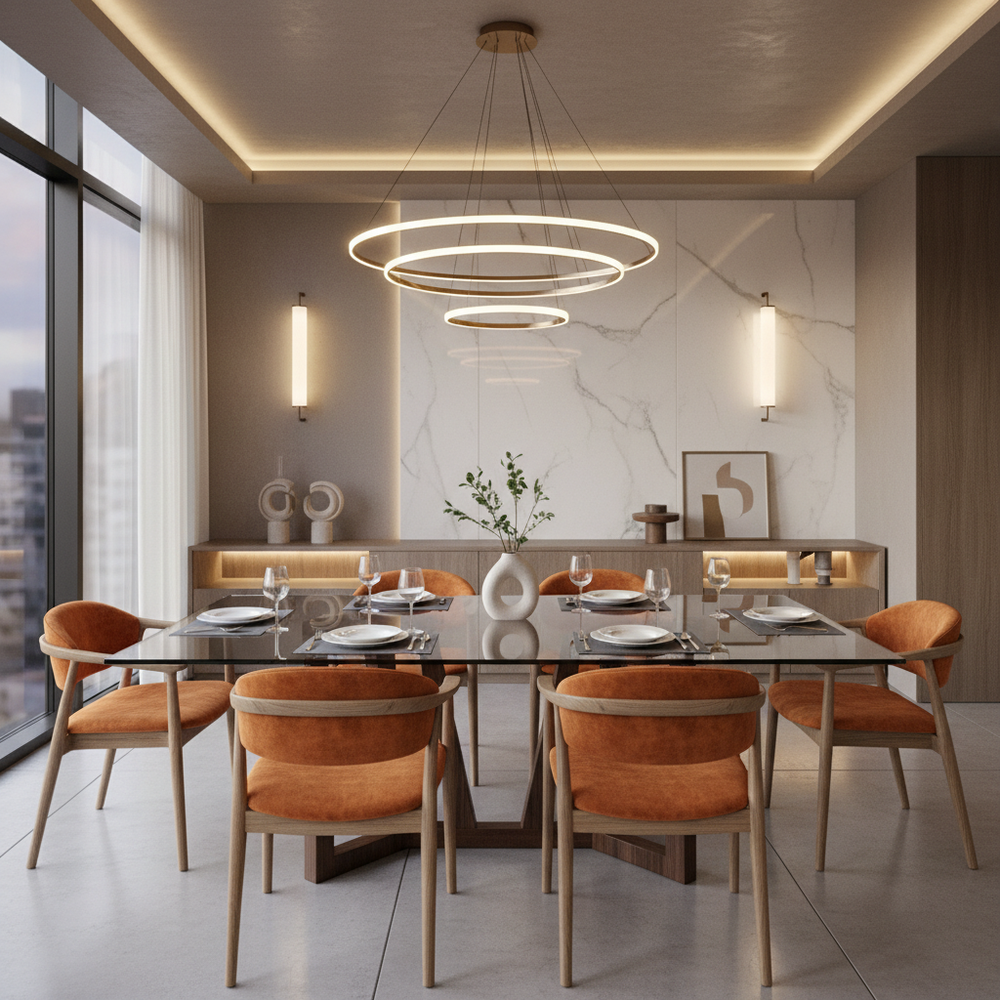 Modern Glass Top 6-Seater Dining Room with Orange Upholstery