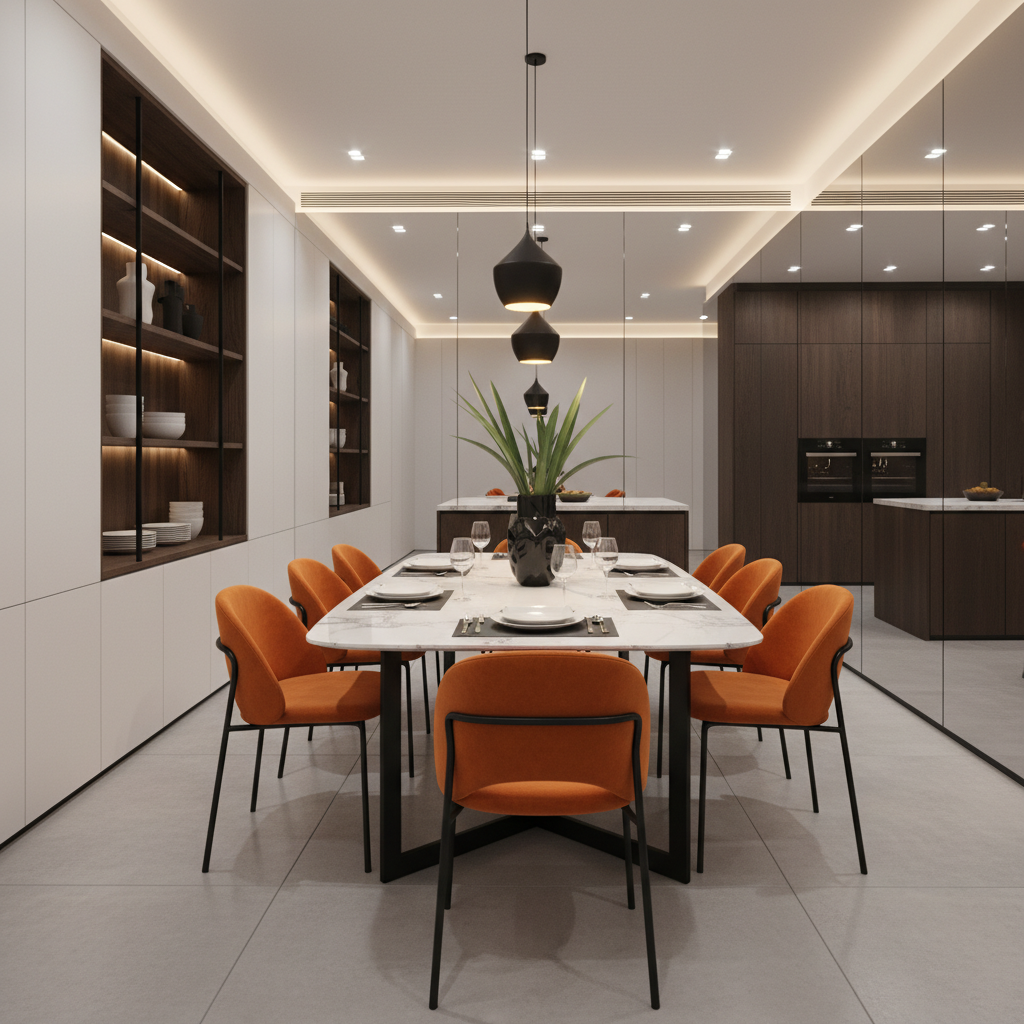 Modern Dining Room With Designer Dining Set and Orange Chairs