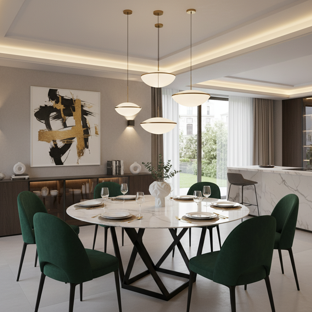 Modern Dining Room Design With Round Marble Table and Velvet Chairs