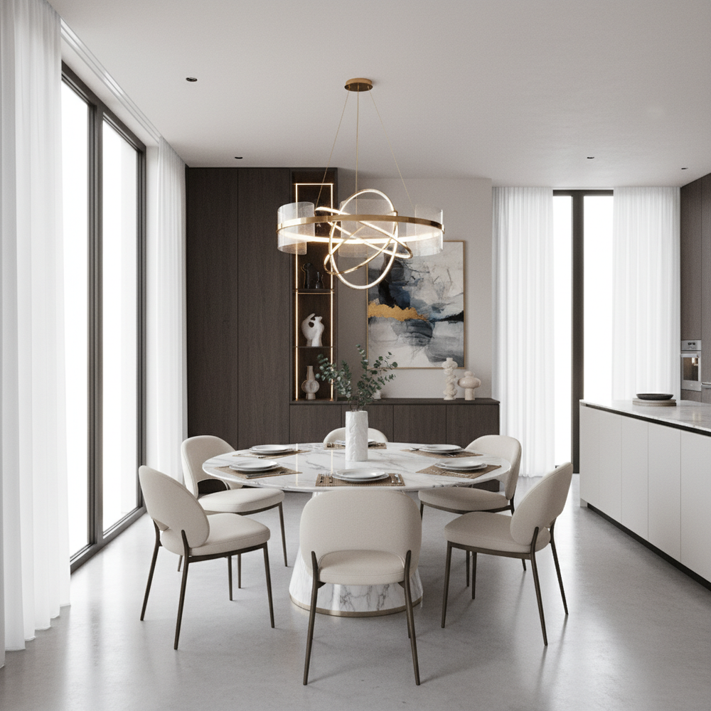 Modern Marble Top 6-Seater Dining Room With Round Marble Table