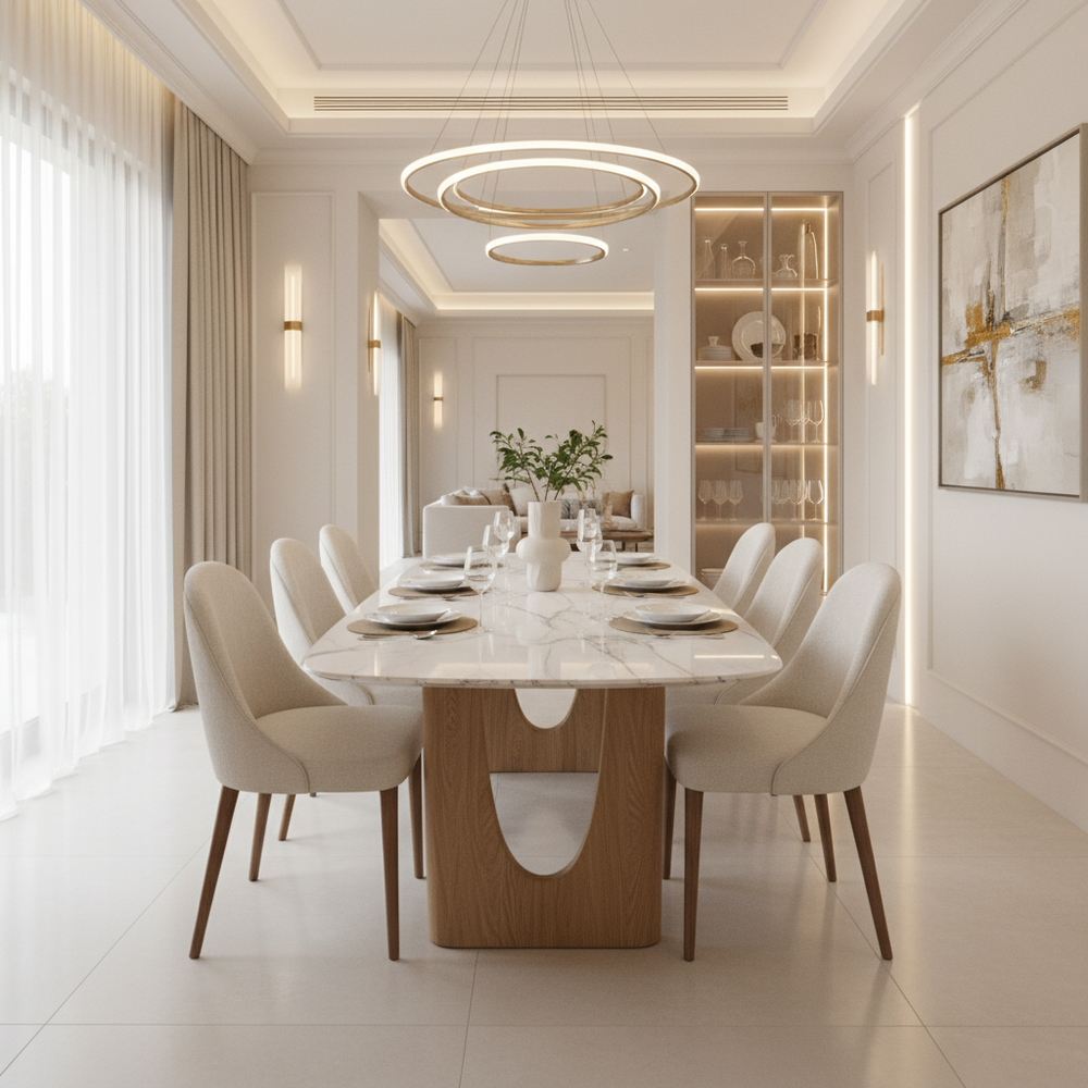 Cream White Modern Marble Top 6-Seater Dining Room