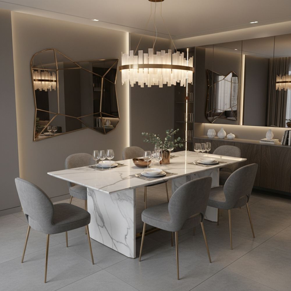 Modern Marble Top 6-Seater Dining Room With Plush Velvet Chairs