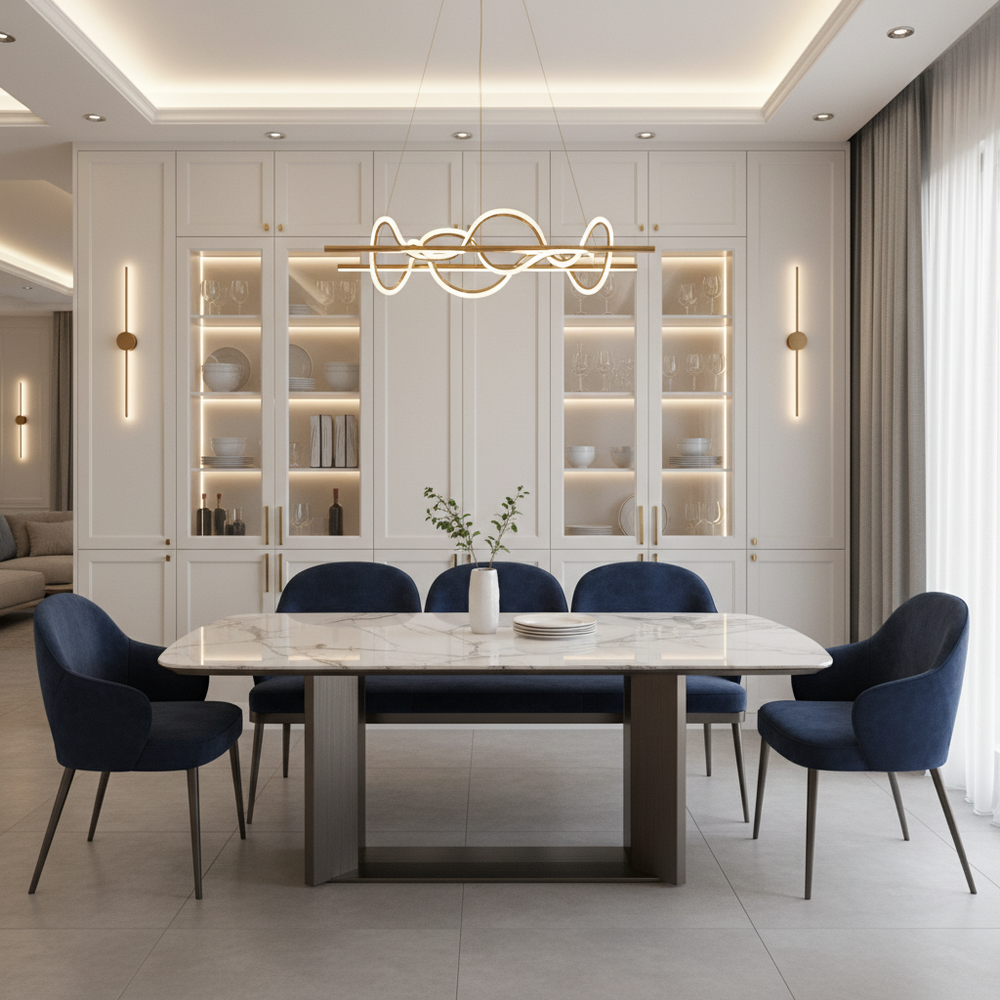 Modern Marble Top 6-Seater Dining Room with Crockery Unit and Bench Seating