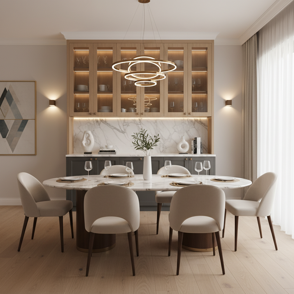 Stylish Modern Marble Top 6-Seater Dining Room With Crockery Cabinet