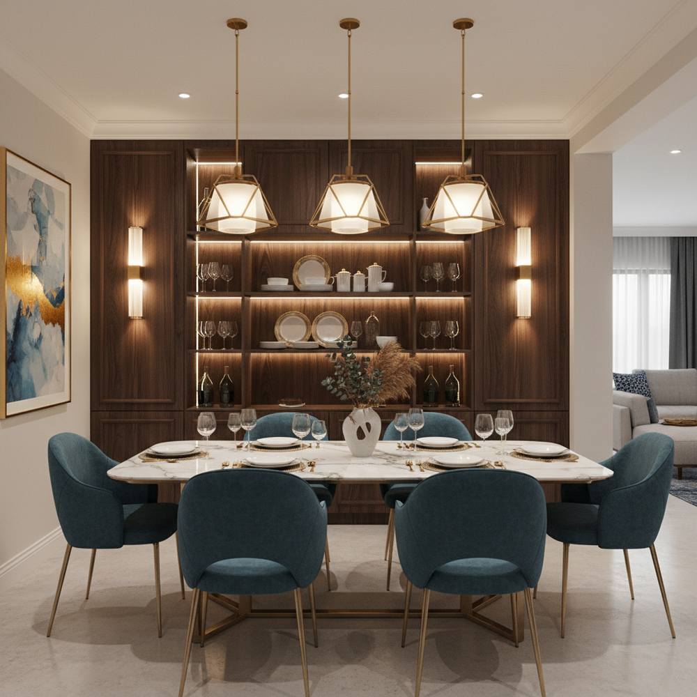 Modern Dining Room Interior With Marble Table and Velvet Seating