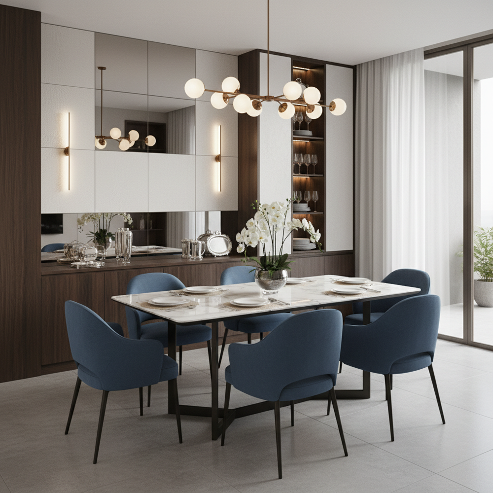 Modern Marble Top 6-Seater Dining Room with Crockery Unit