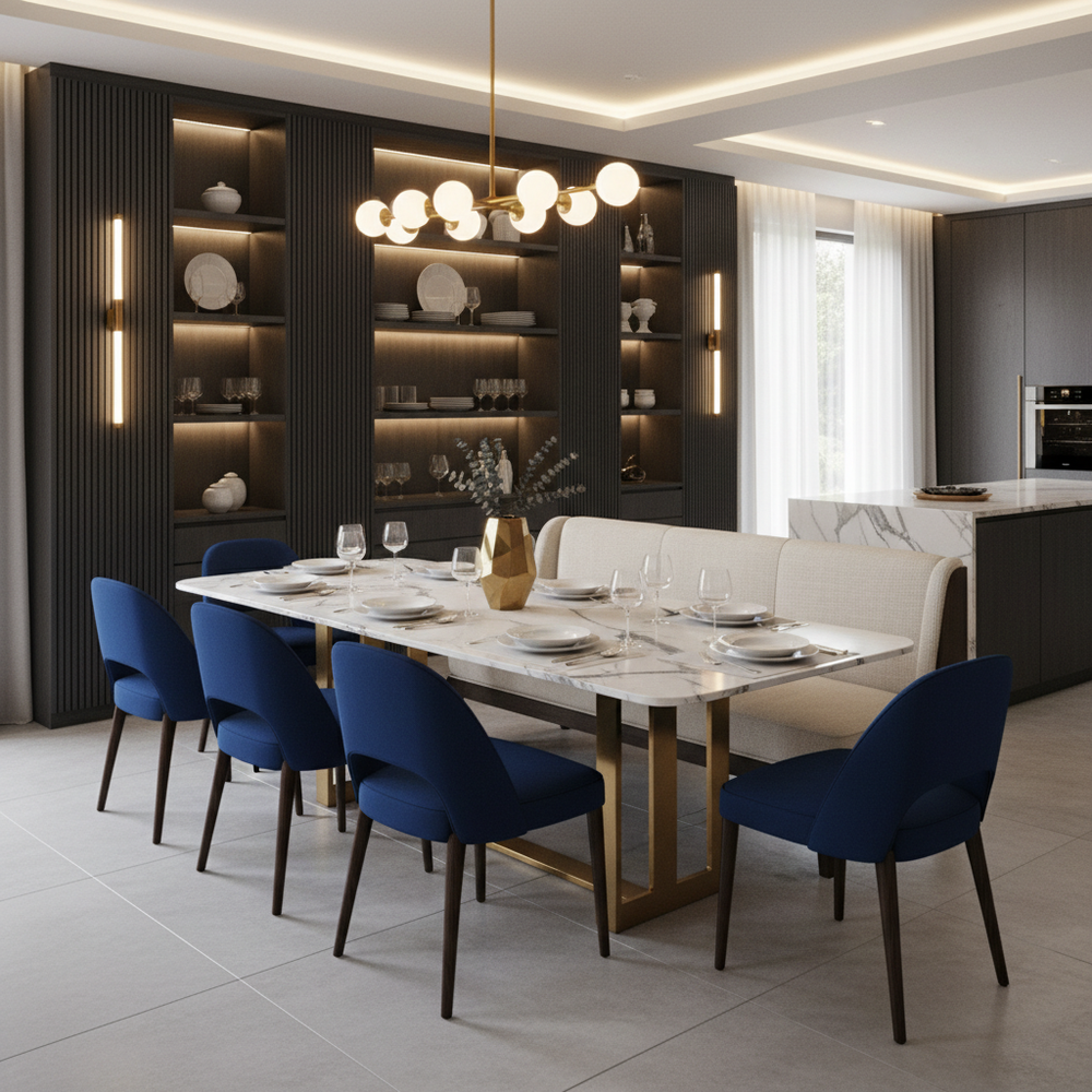 Modern Dining Room With Marble Top Table and Crockery Cabinet