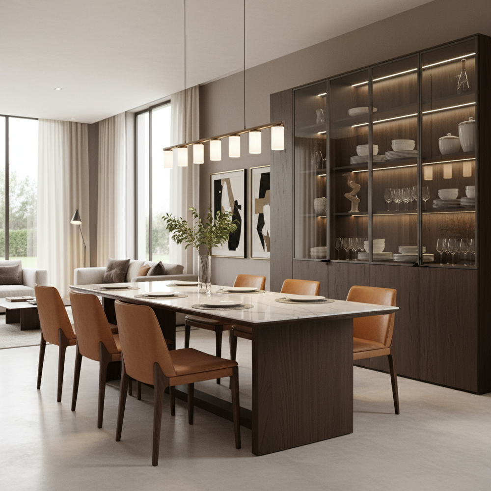 Modern Marble Top 6-Seater Dining Room With Tan Leather Chairs