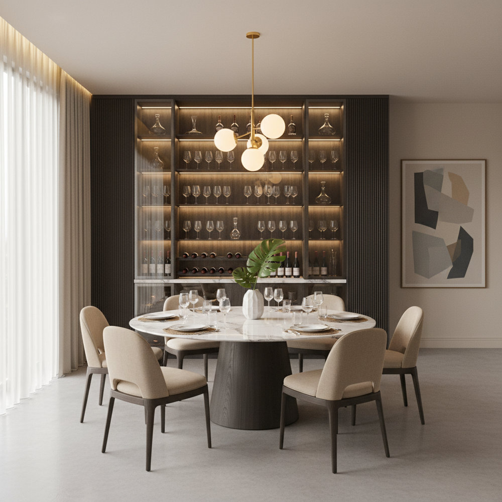 Modern Marble Top 6-Seater Dining Room with Glass Shelving
