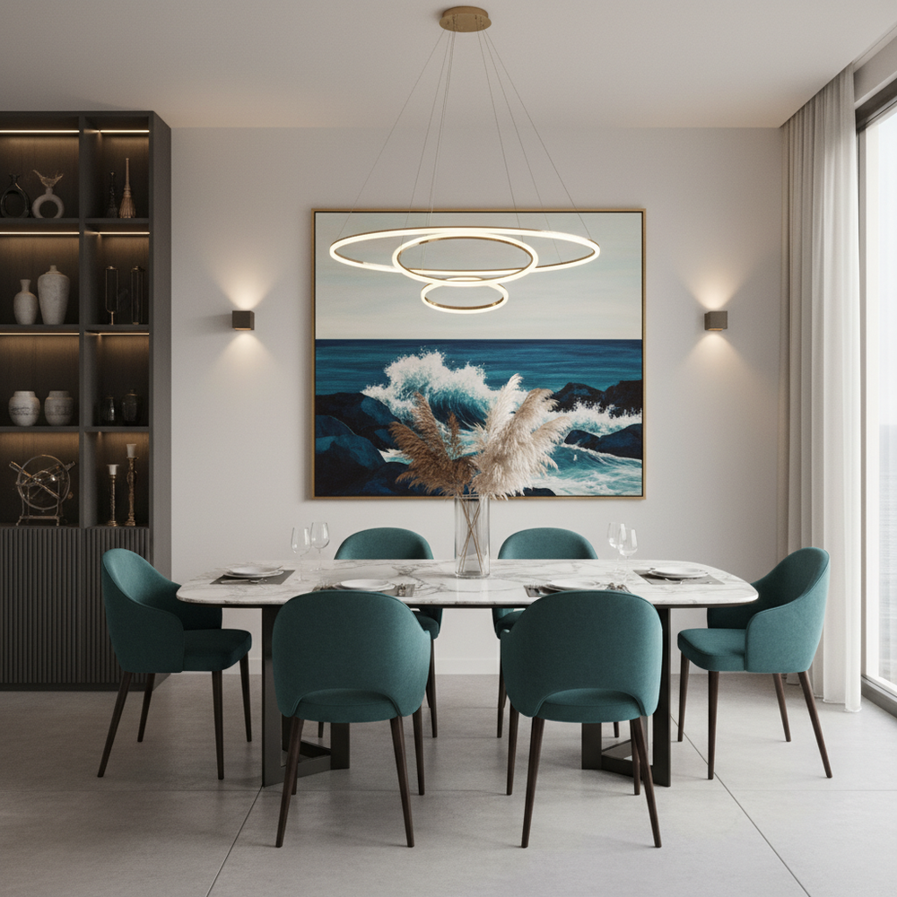 Modern Marble Top 6-Seater Dining Room with Maritime Artwork