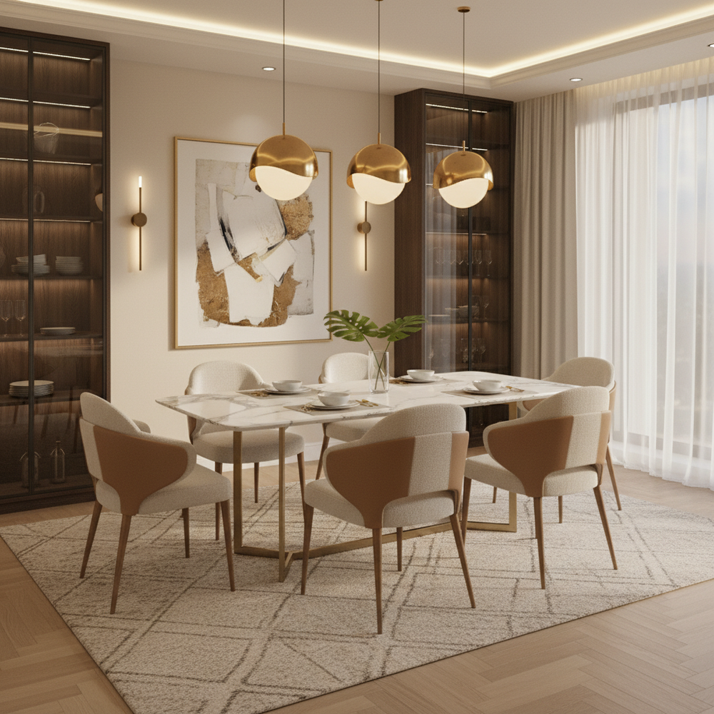 Modern Marble Top 6-Seater Dining Room with Pendant Lights