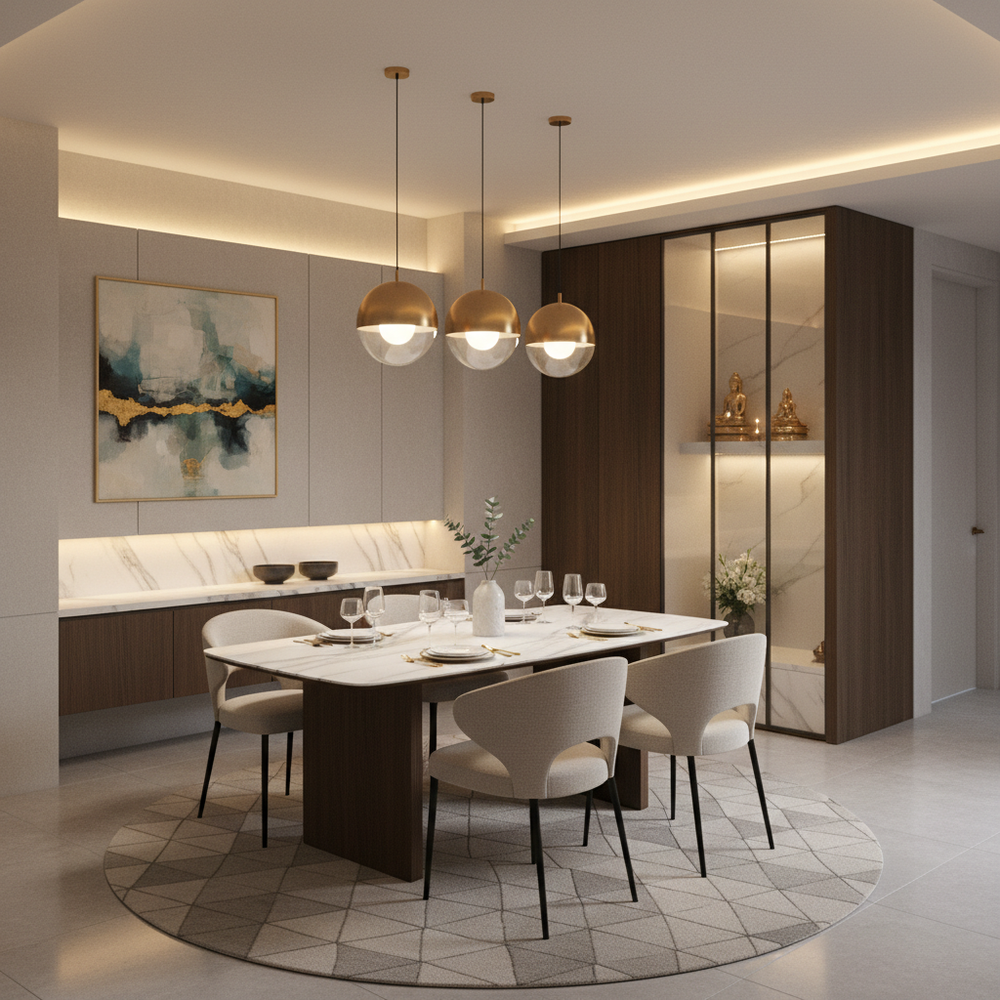 Premium 6-Seater Dining Room With Marble Table and Pooja Unit