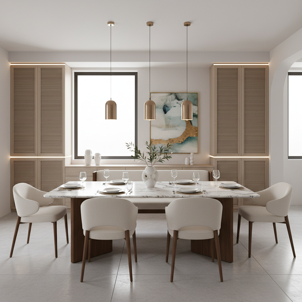 Modern Marble Top 6-Seater Dining Room with Shutter Storage
