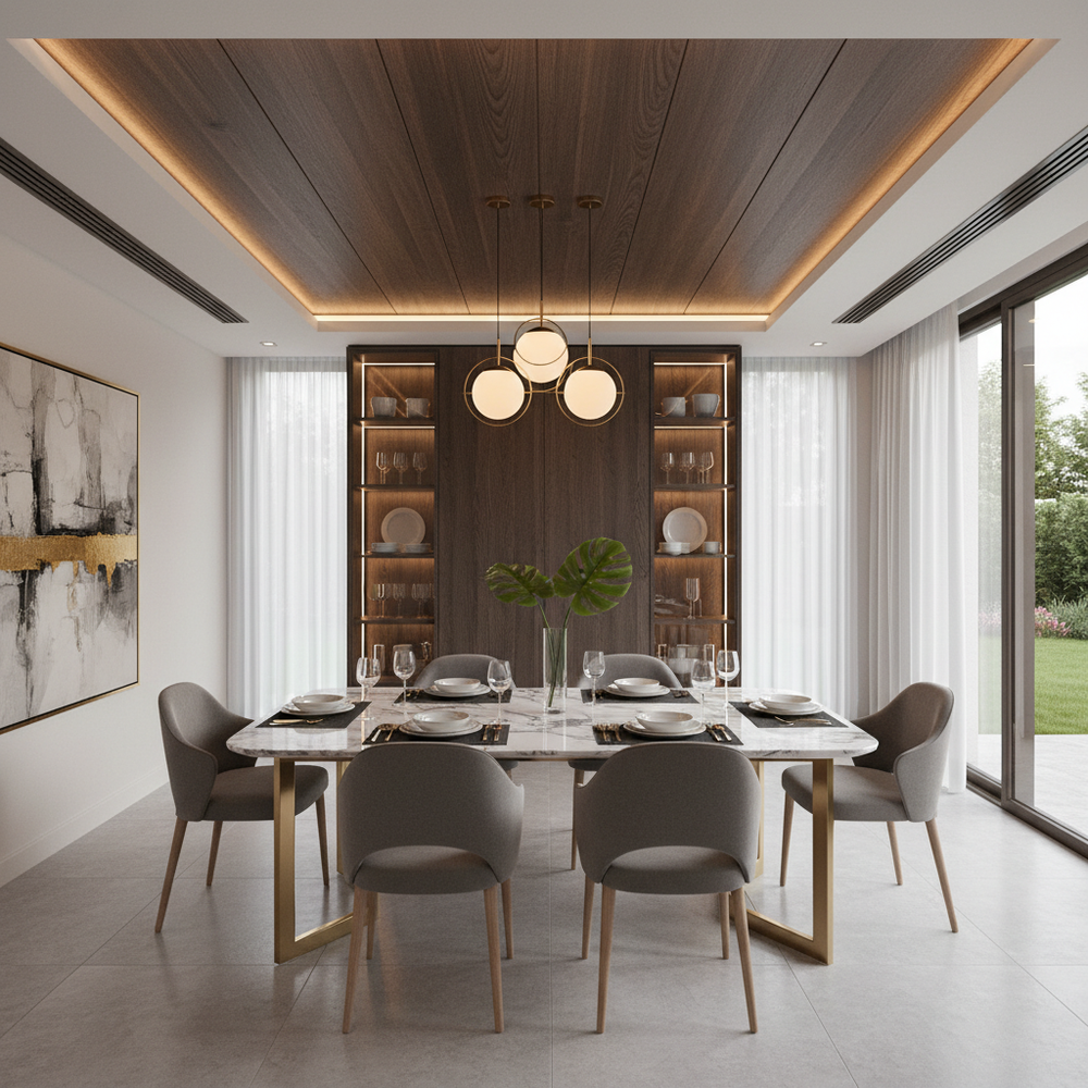 Modern Marble Top 6-Seater Dining Room with Wooden Ceiling