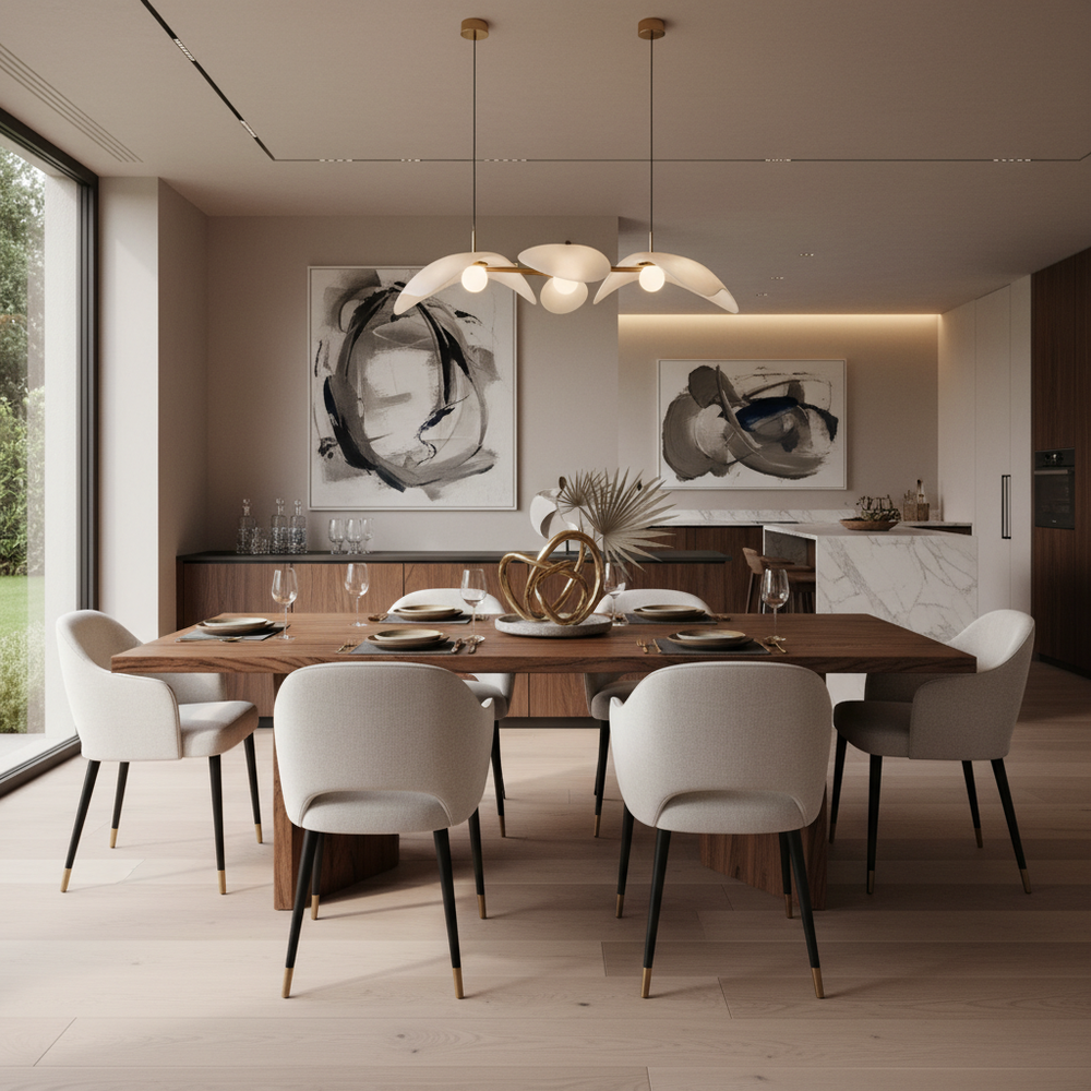 Modern Dining Room with Solid Wood Table & Upholstered Chairs