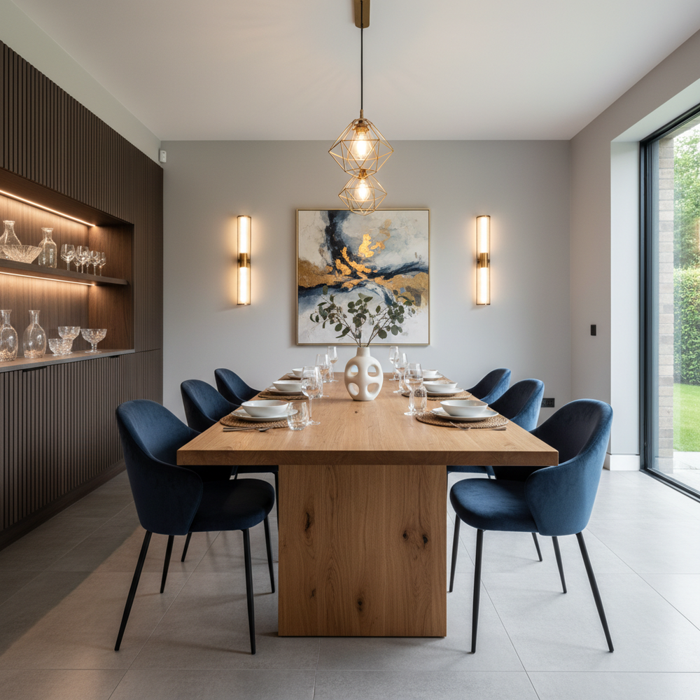 Elegant 6-Seater Dining Room with Dark Blue Chairs