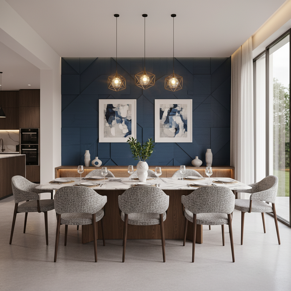 Elegant 6-Seater Dining Set with Neutral Tones & Patterned Seats