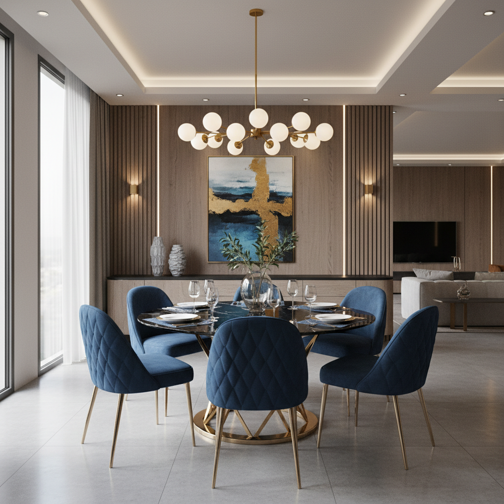 Elegant 6-Seater Dining Set with Blue Tufted Chairs