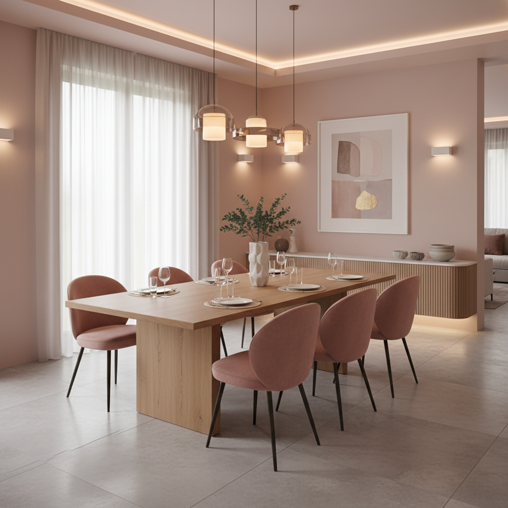 Contemporary Pink-Themed 6-Seater Dining Room with Upholstered Chairs