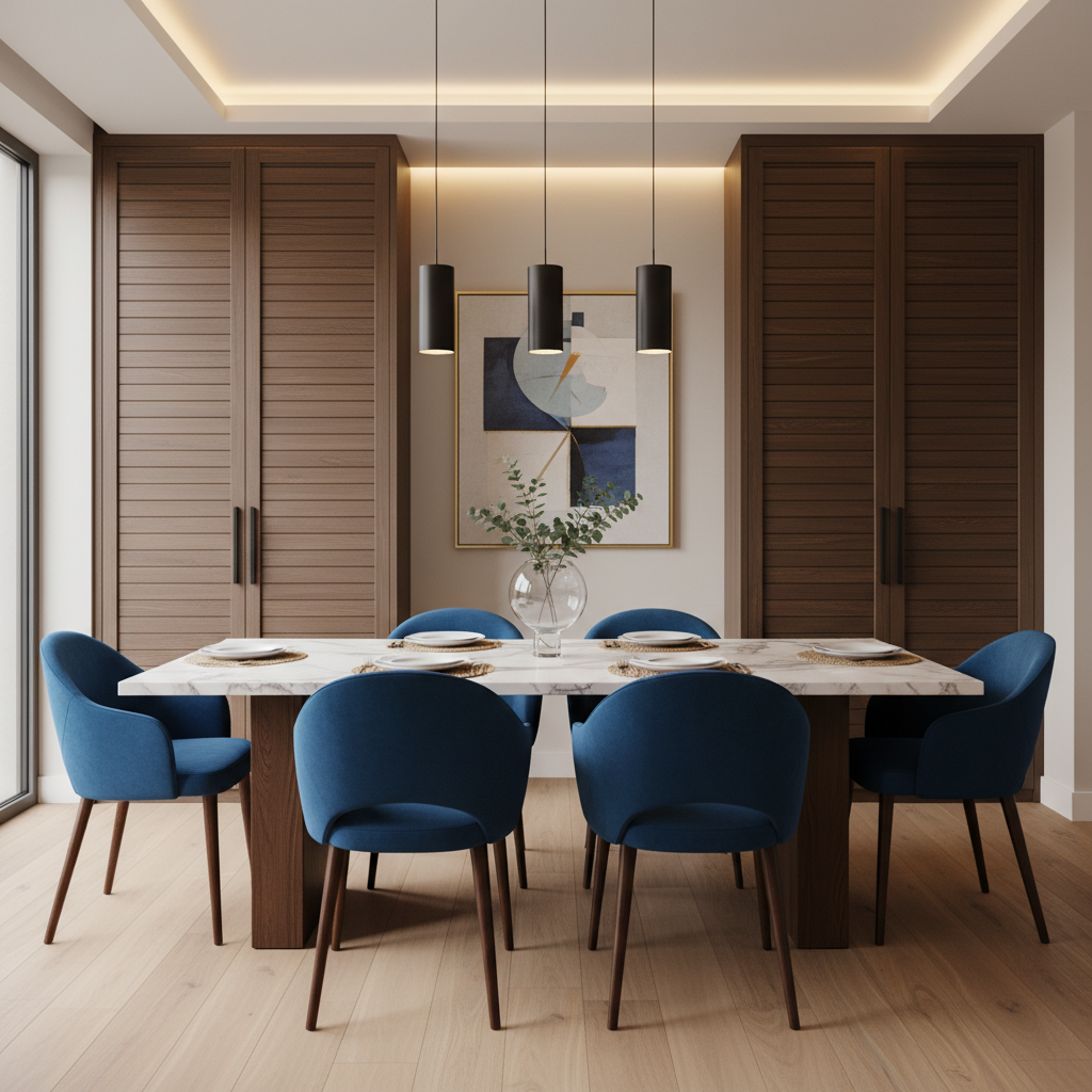 Modern 6-Seater Dining Room with Blue Chairs & Shutter Storage