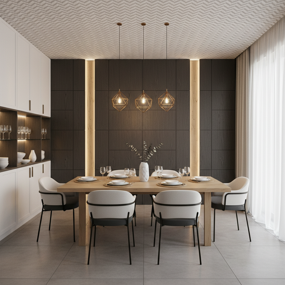 Modern White & Grey 6-Seater Dining Room with Chevron Ceiling Wallpaper