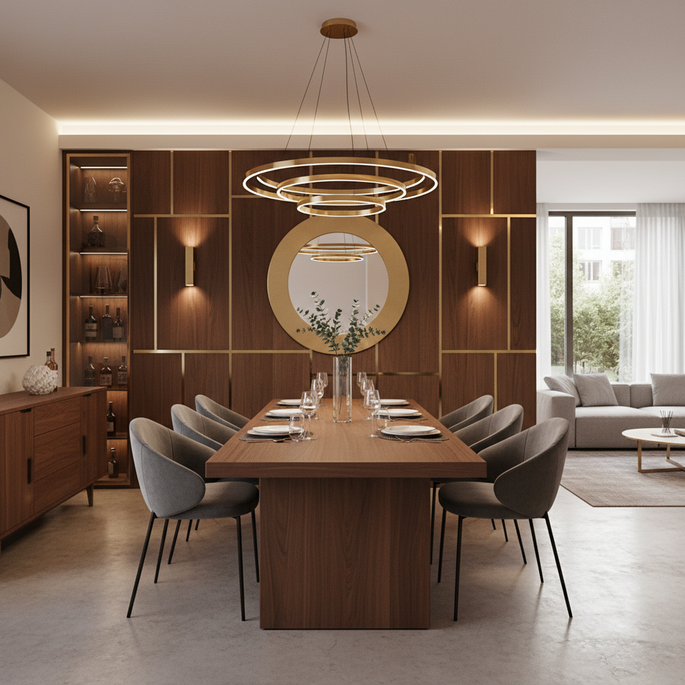 Elegant 6-Seater Dining Room with Brass Mirror Accent Wall