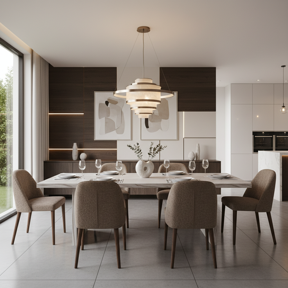 Elegant 6-Seater Dining Room with Solid Wood & Accent Wall