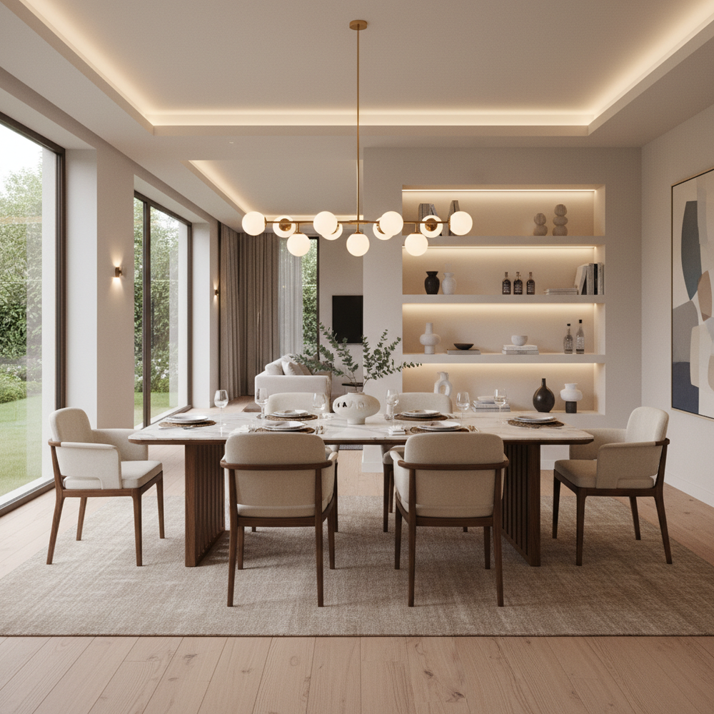 Elegant 6-Seater Dining Room with Mirrored Wall Panel