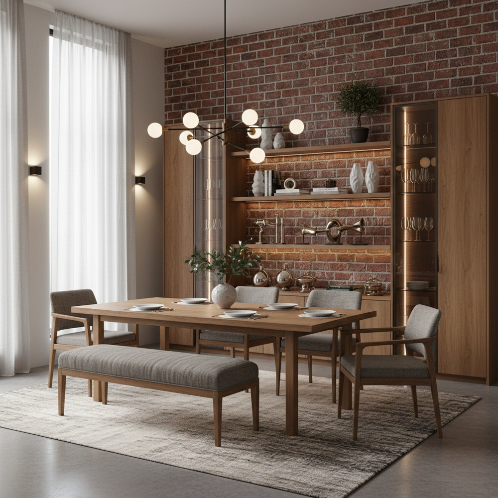 Rustic 6-Seater Dining Room with Red Brick Accent Wall