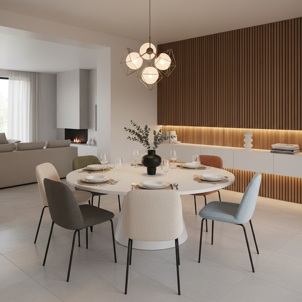 White Dining Table with Uniquely Shaded Chairs - 6 Seater