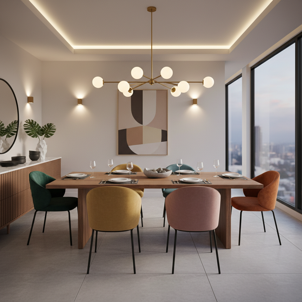 Warm & Elegant 6-Seater Dining Space with Brass Mirror Accent