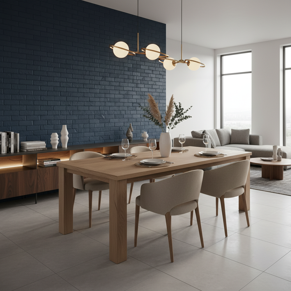Modern Solid Wood 6-Seater Dining Room with Accent Wall