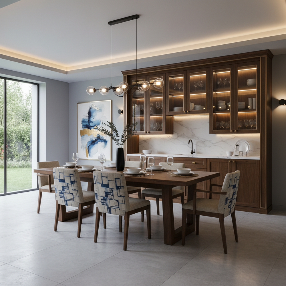 Modern 6-Seater Dining Room with Solid Wood Table & Crockery Unit