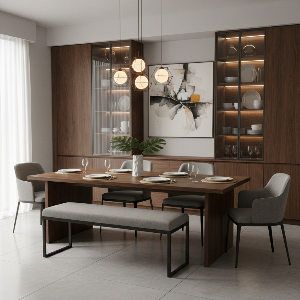 Modern 6-Seater Dining Set with Solid Wood Table & Crockery Unit