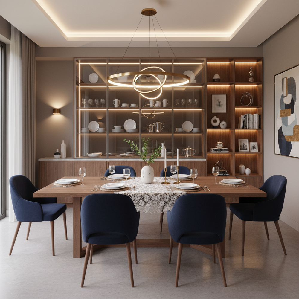 Modern 6-Seater Dining Set with Navy Blue Chairs & Mirrored Cabinet
