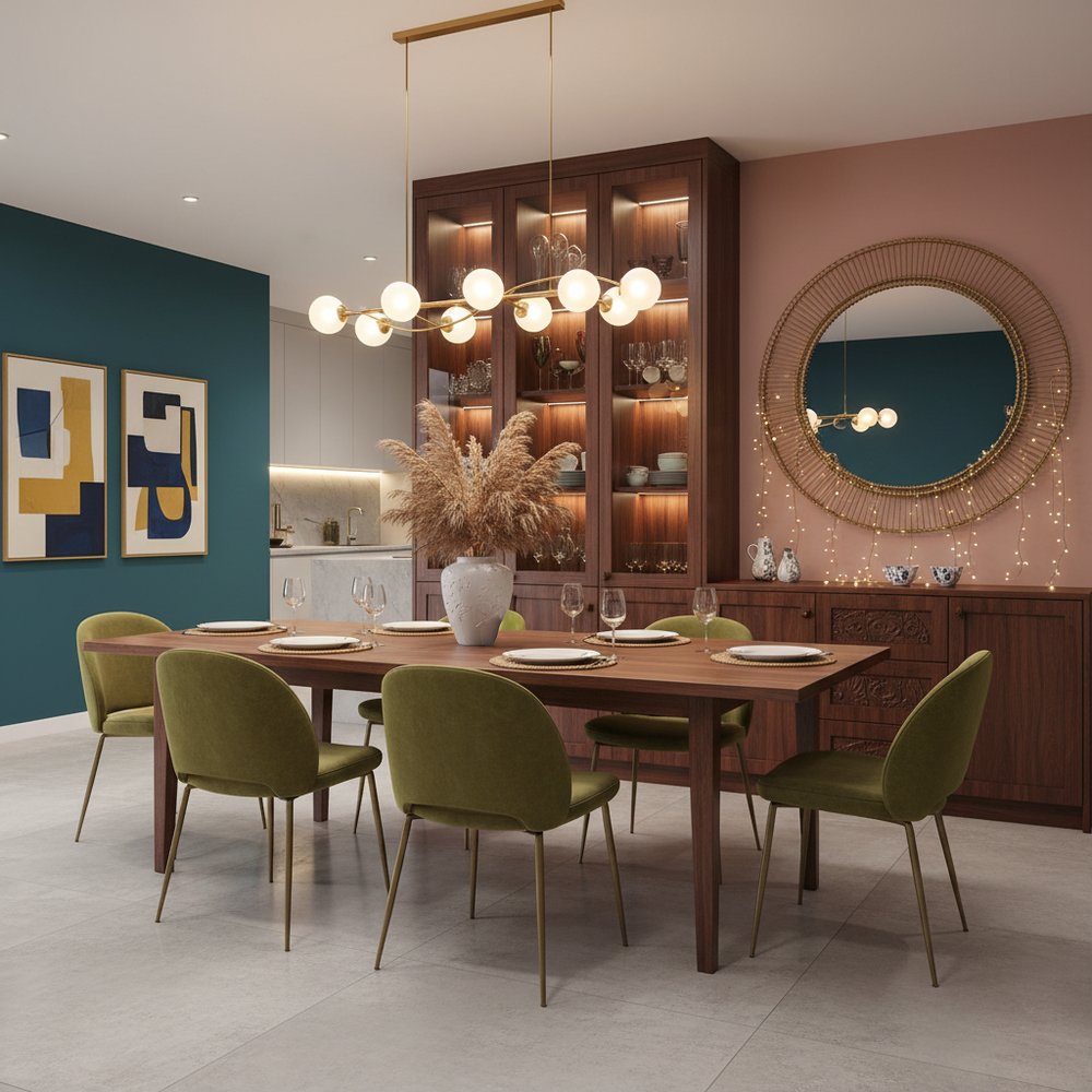 Modern Solid Wood 6-Seater Dining Room with Crockery Unit