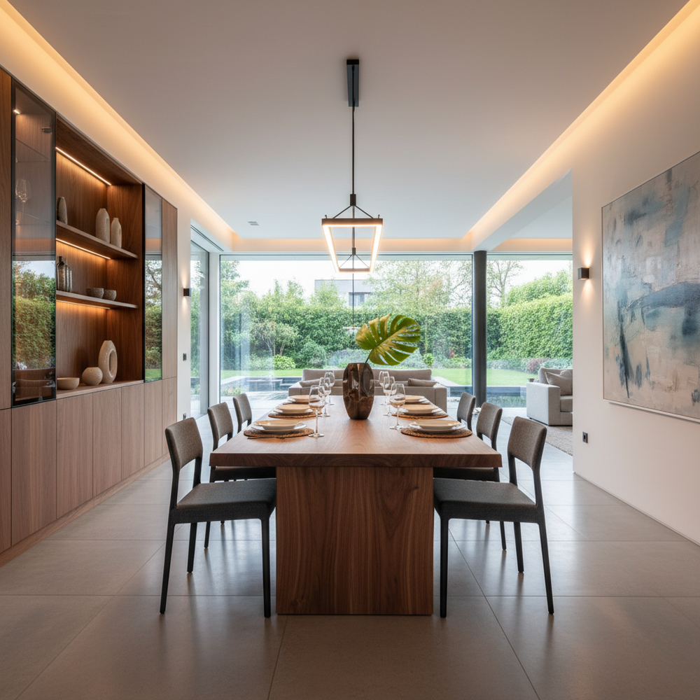 Modern Solid Wood 6-Seater Dining Room with Large Windows