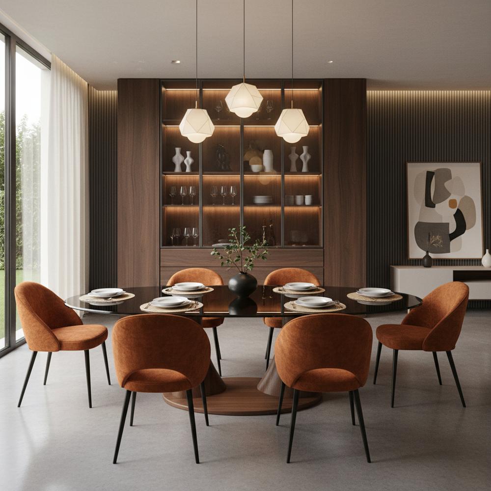 Oval Table Modern Dining Room Design with Burnt Orange Chairs