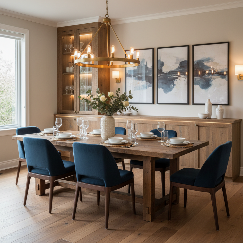Rustic Wooden And Blue 4-Seater Dining Room Design With Blue Seater