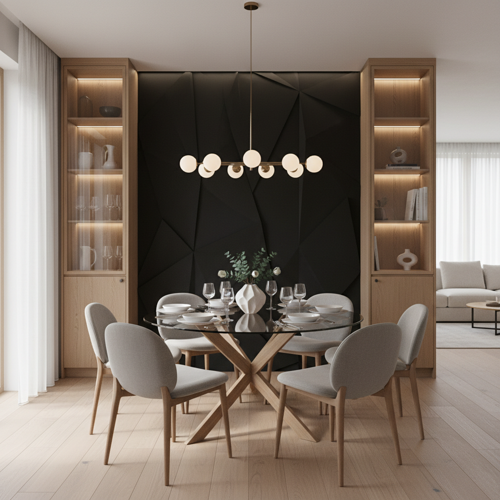 Scandinavian Glass Top 6-Seater Dining Room with Accent Wall