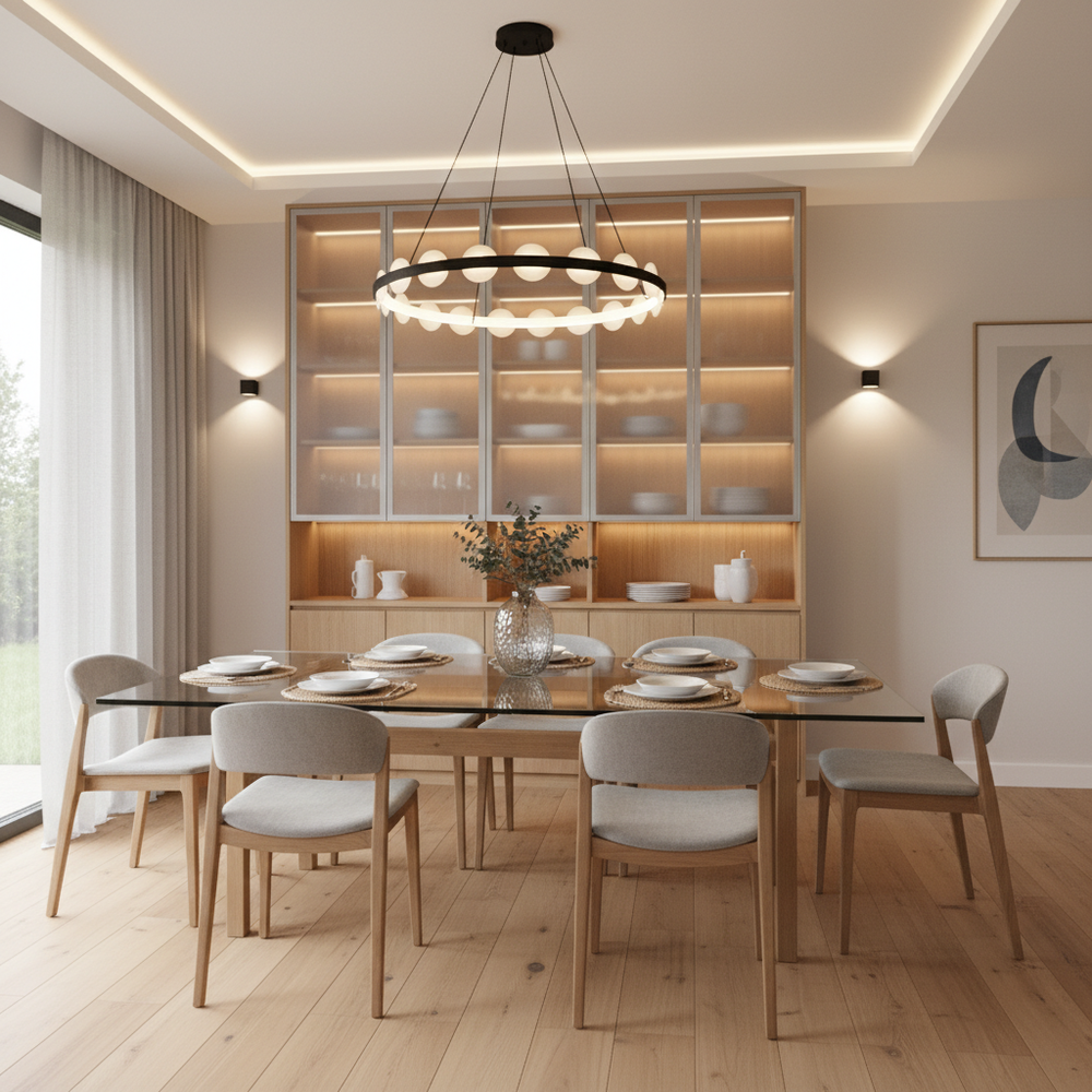 Scandinavian Glass Top 6-Seater Dining Room with Crockery Unit