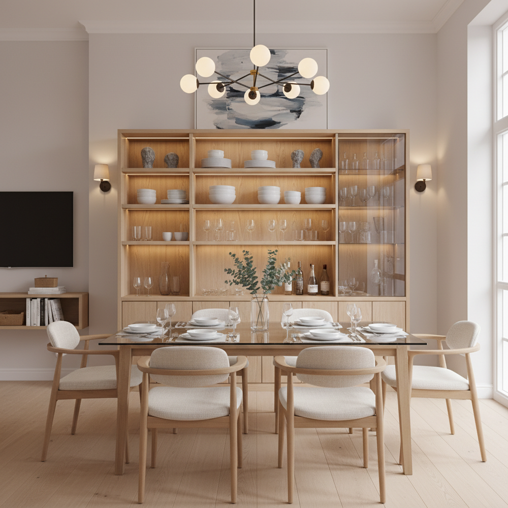 Scandinavian Glass Top 6-Seater Dining Room with Crockery Unit