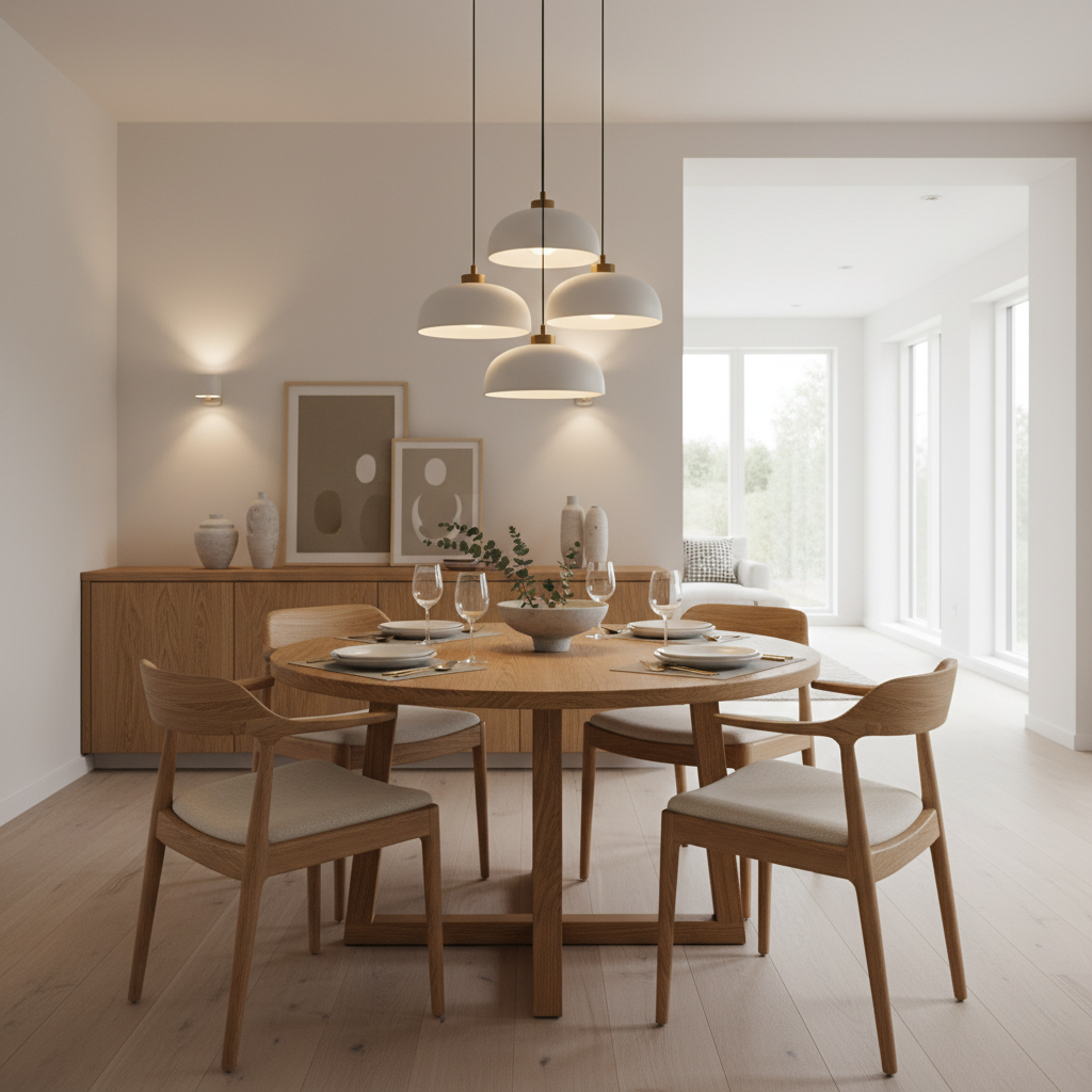 Scandinavian 6-Seater Dining Room with Solid Wood Table and Pendant Lighting