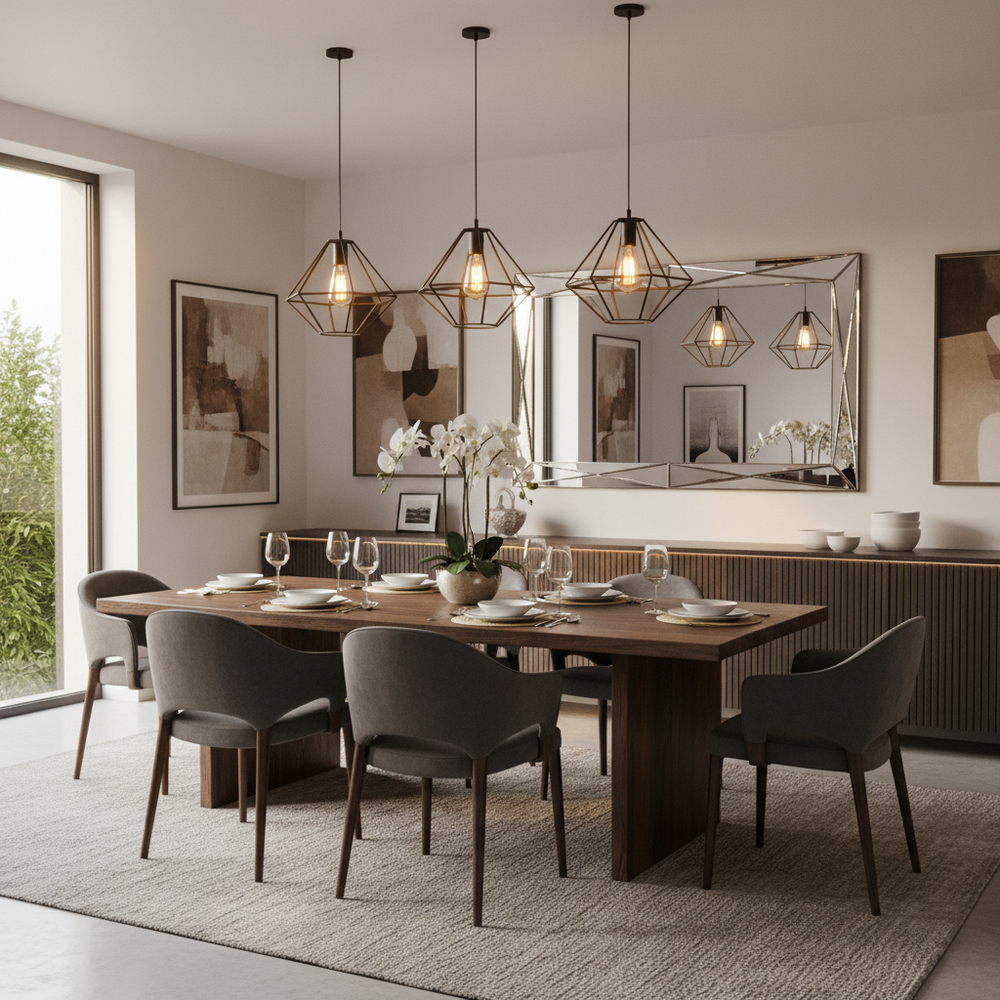 Spacious Dining Room Design With Bevelled Mirror And Wooden Furnishing